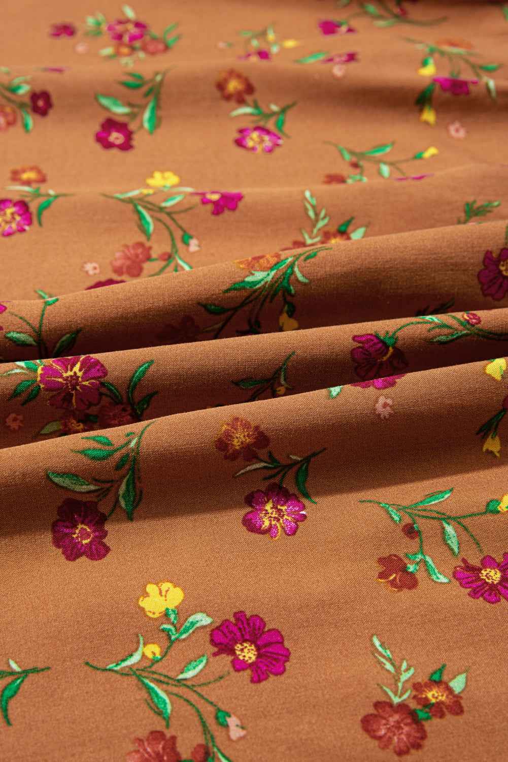 Brown Plus Size Floral Split V Neck Ruffled Sleeve Tiered Maxi Dress