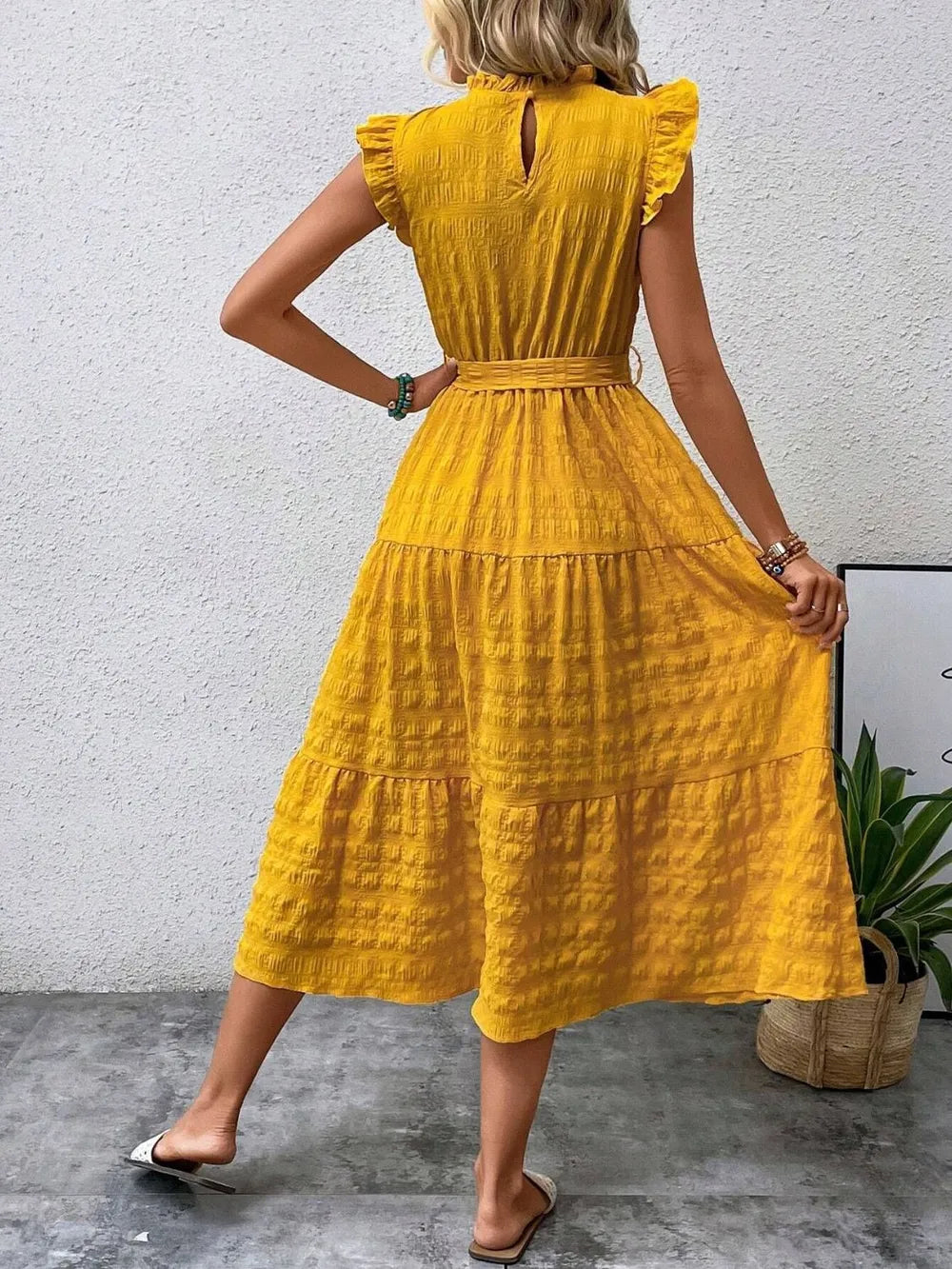 Tied Ruffled Cap Sleeve Midi Dress by Shopiebay