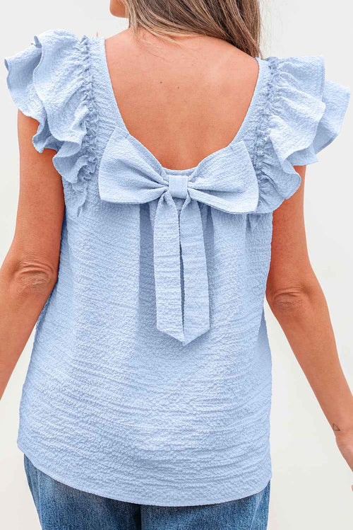 Beau Blue Textured Bow Knot Frilled Butterfly Sleeve Blouse by Wild and Free Boutique