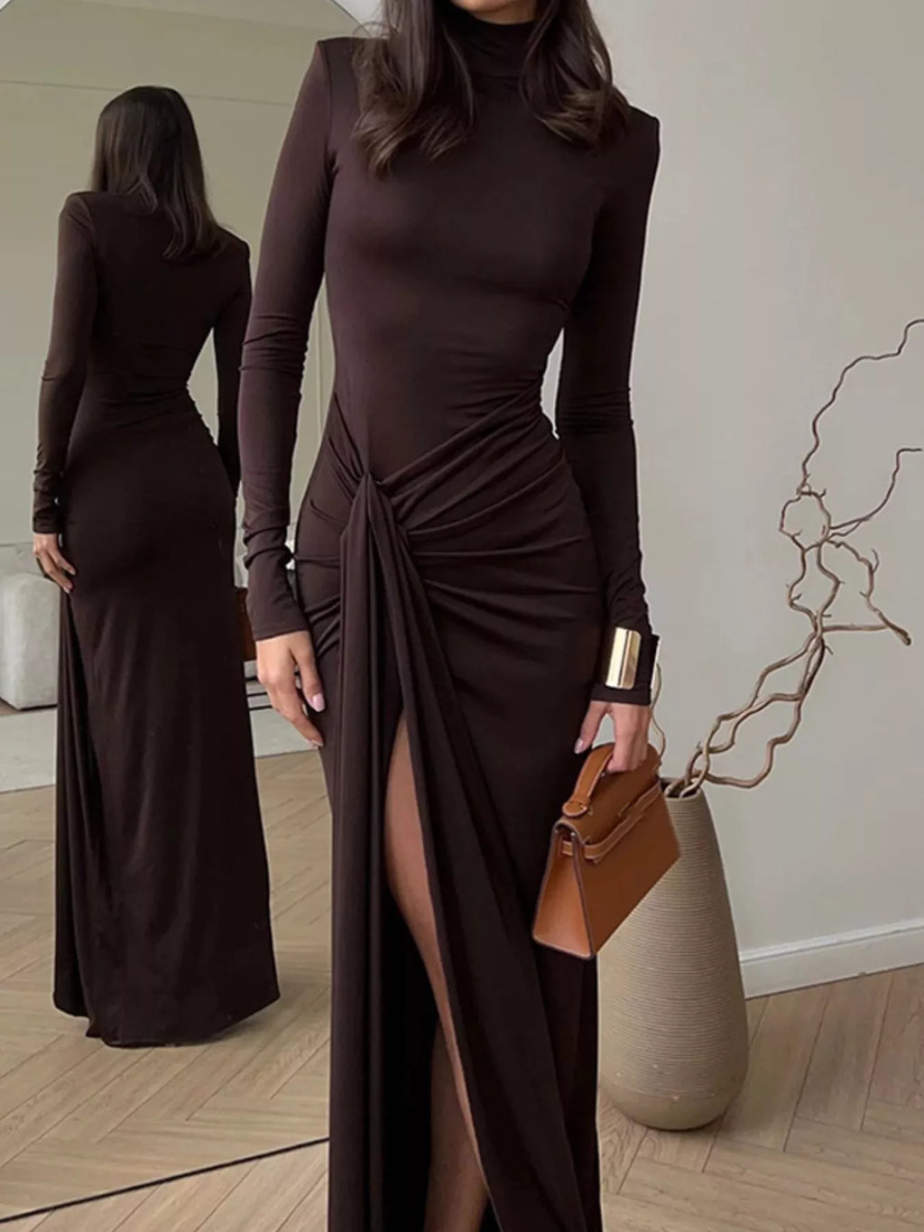 Turtleneck Long Sleeve Slit Maxi Dress by Shopiebay