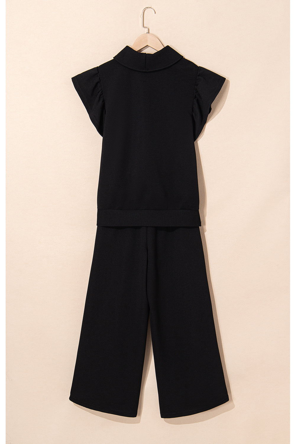 Pink Textured Ruffle Sleeve Zipped Top and Wide Leg Pants Set
