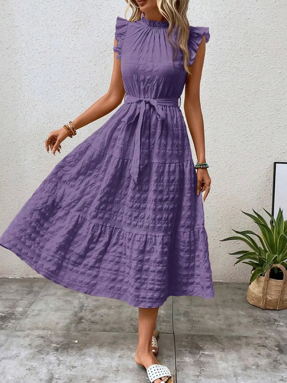 Tied Ruffled Cap Sleeve Midi Dress by Shopiebay