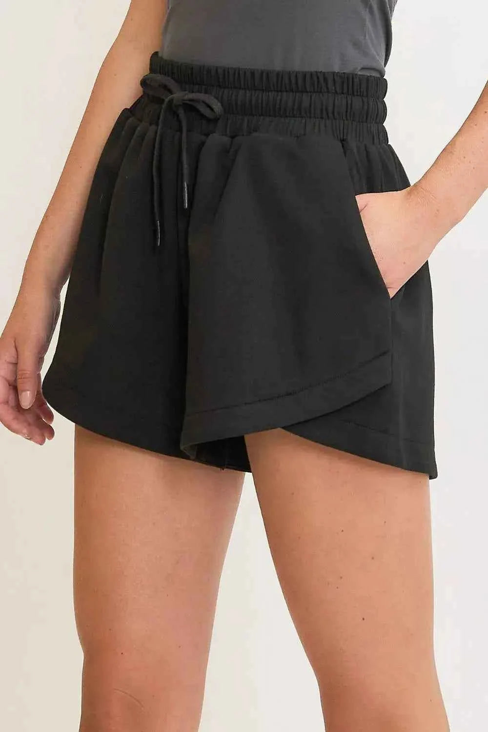 Umgee Full Size Black Drawstring Sweat Shorts with Pockets
