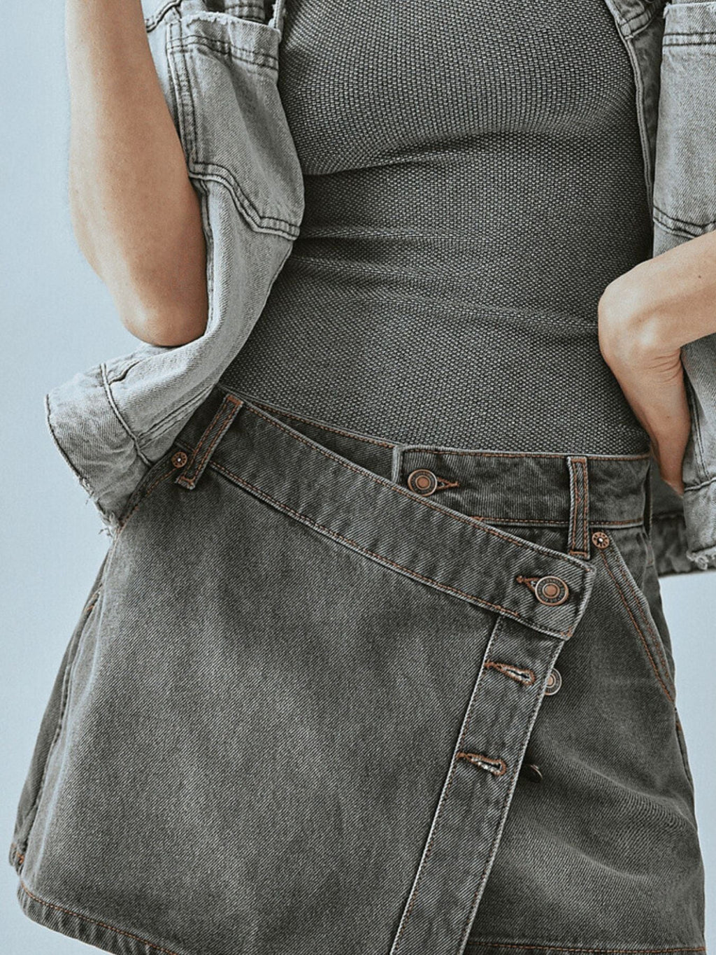 Asymmetrical Button Front Denim Skort