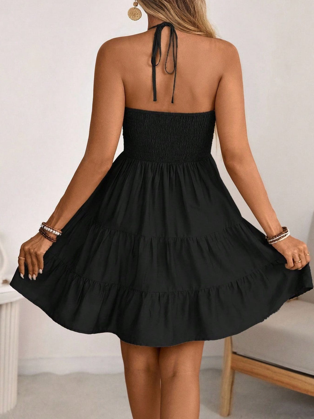 Smocked Halter Neck Tiered Dress by Shopiebay