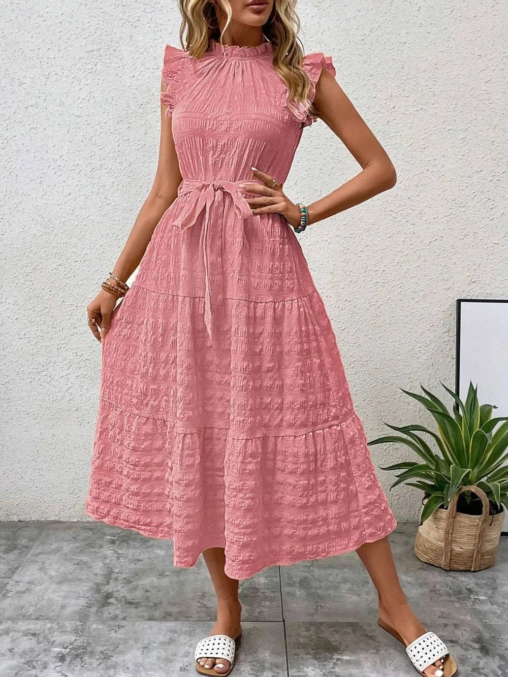 Tied Ruffled Cap Sleeve Midi Dress by Shopiebay
