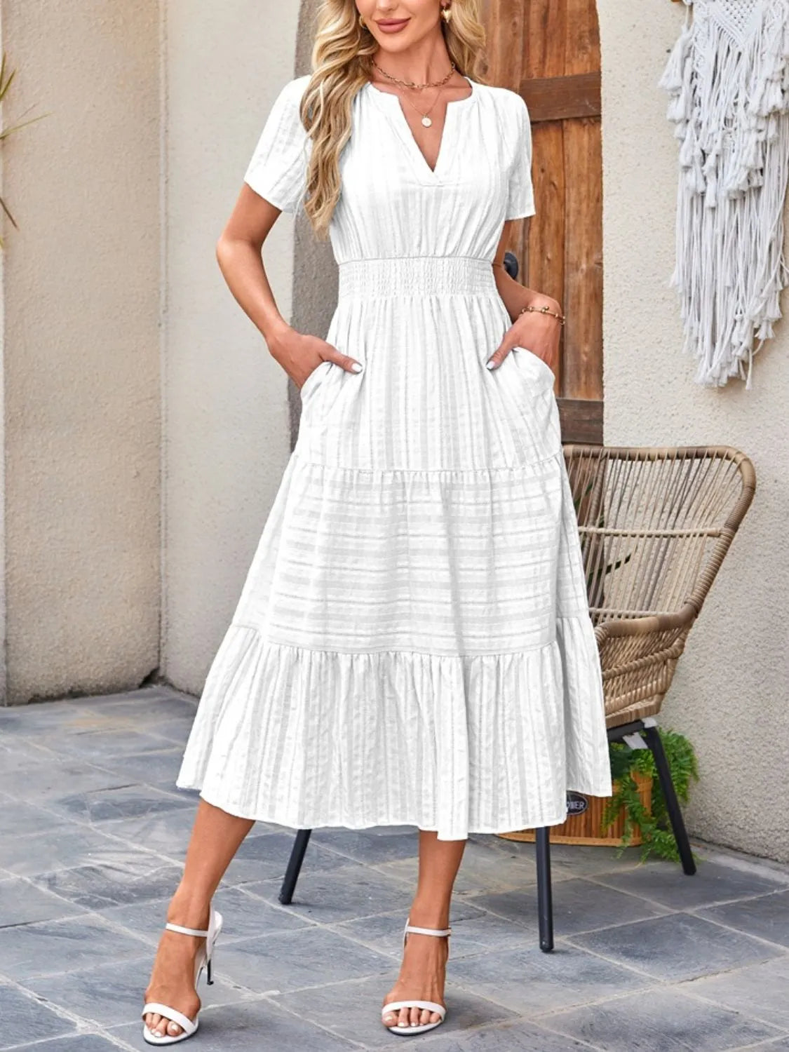 Tiered Notched Short Sleeve Dress by Shopiebay
