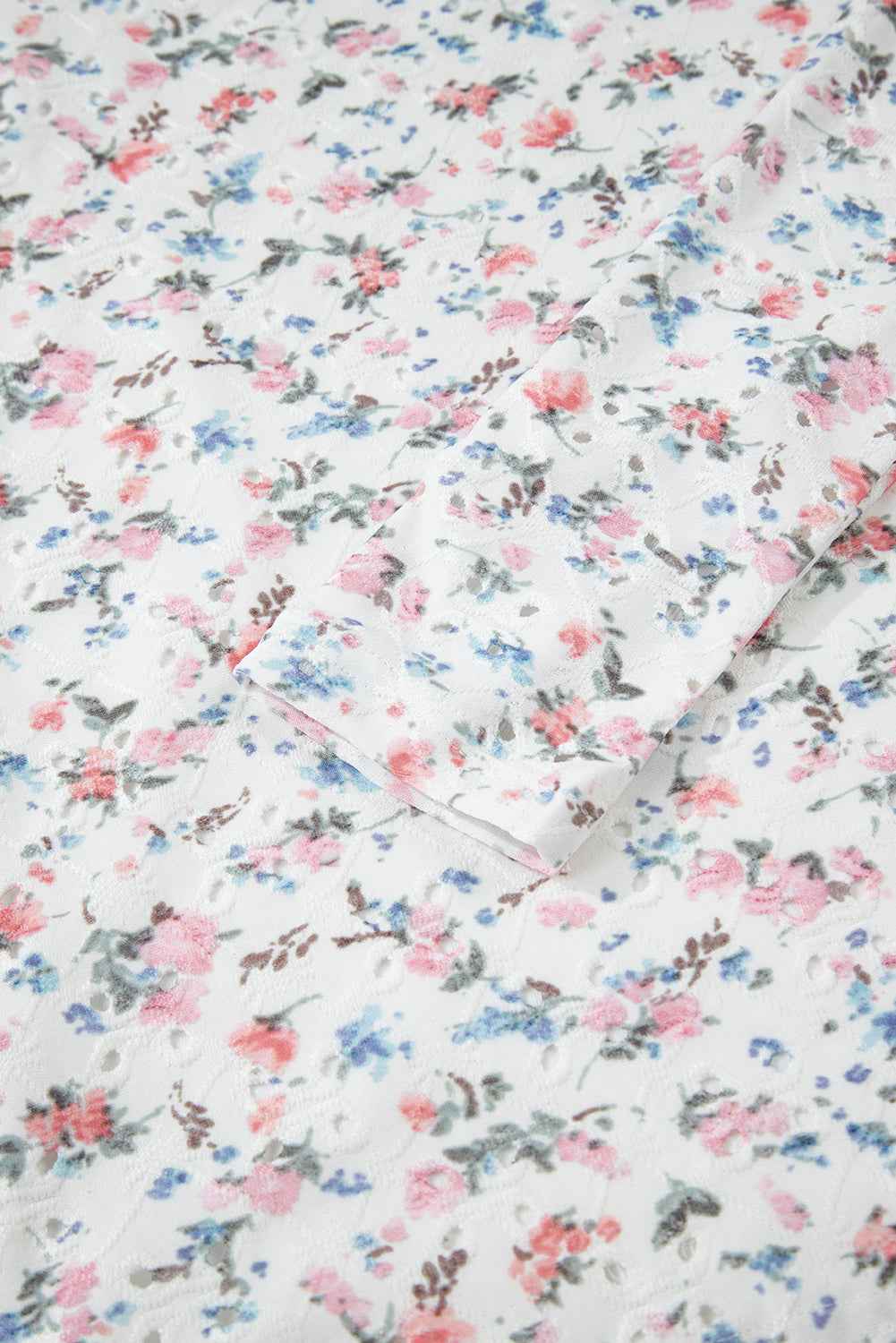 White Floral Print Textured Square Neck Slim Fit Long Sleeve Top