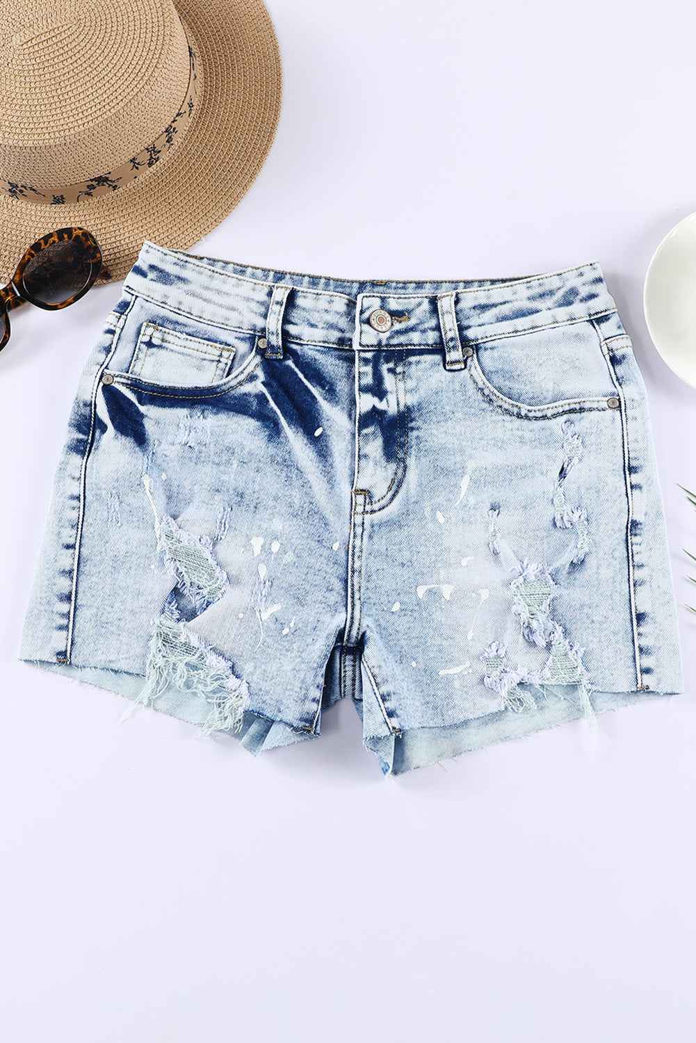 Sky Blue Distressed Bleached Denim Shorts