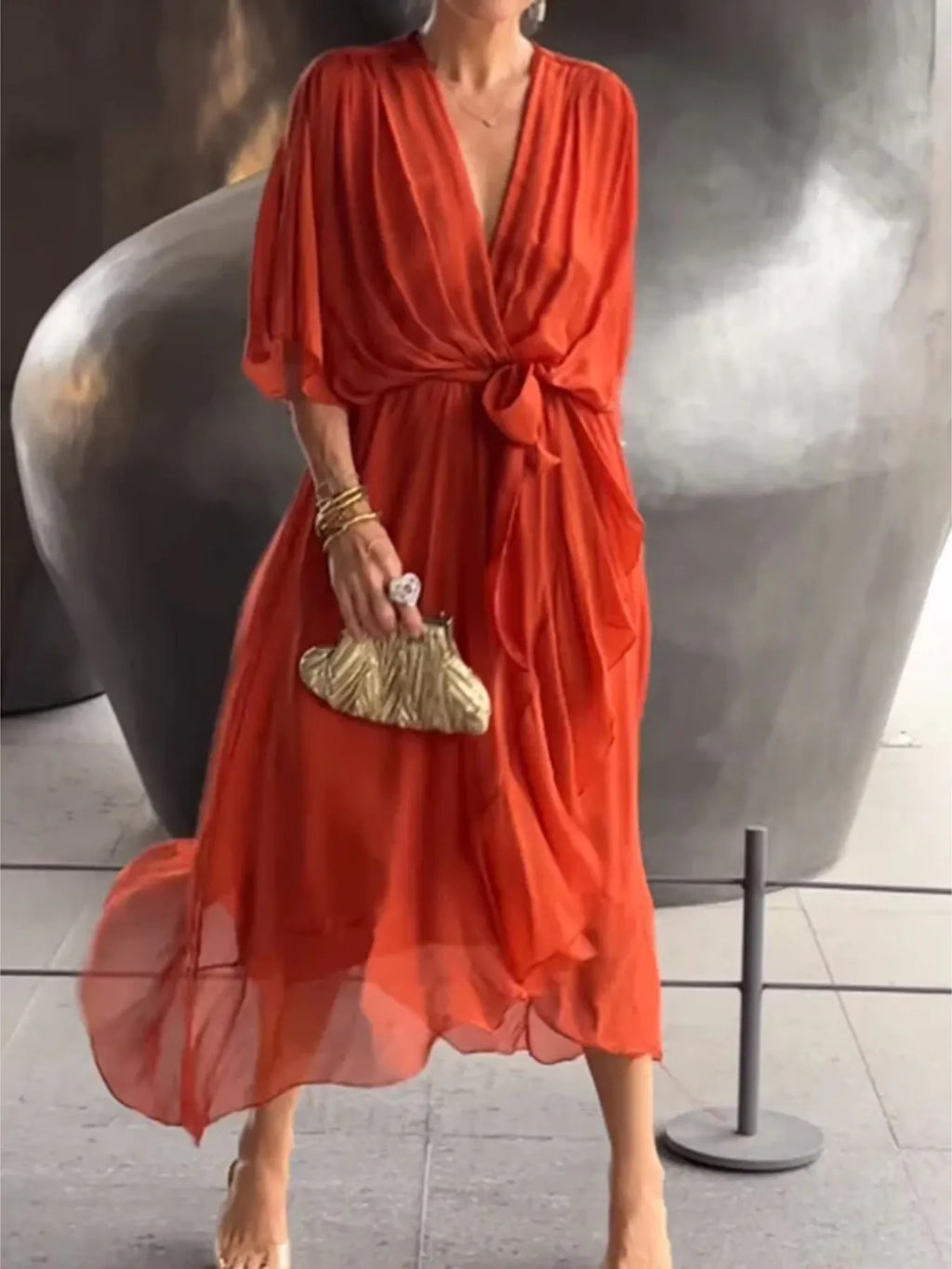 Flowy Tie Front Midi Dress with Flutter Sleeves by Shopiebay