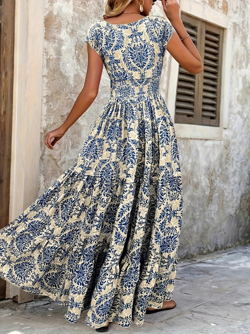 Printed Cap Sleeve Maxi Dress by Shopiebay