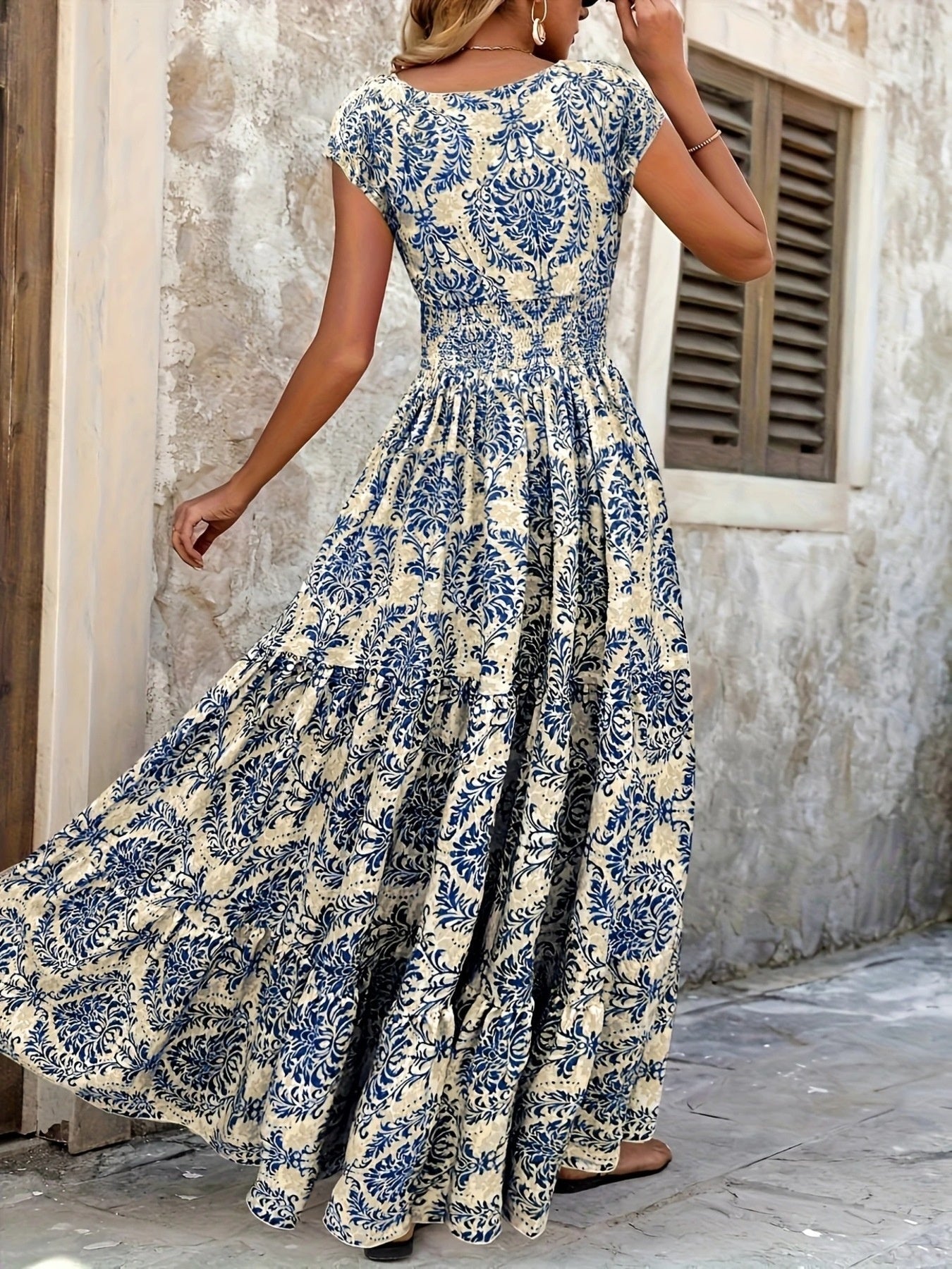 Printed Cap Sleeve Maxi Dress by Shopiebay