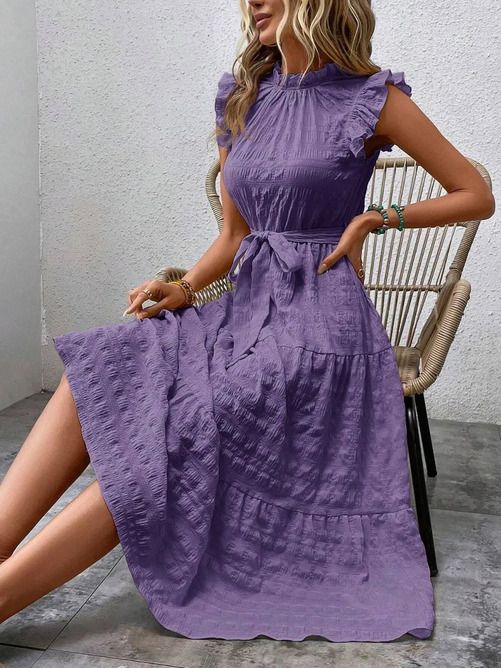 Tied Ruffled Cap Sleeve Midi Dress by Shopiebay