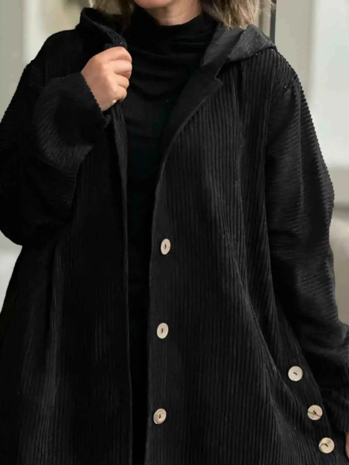 Full Size Corduroy Hooded Button Up Jacket