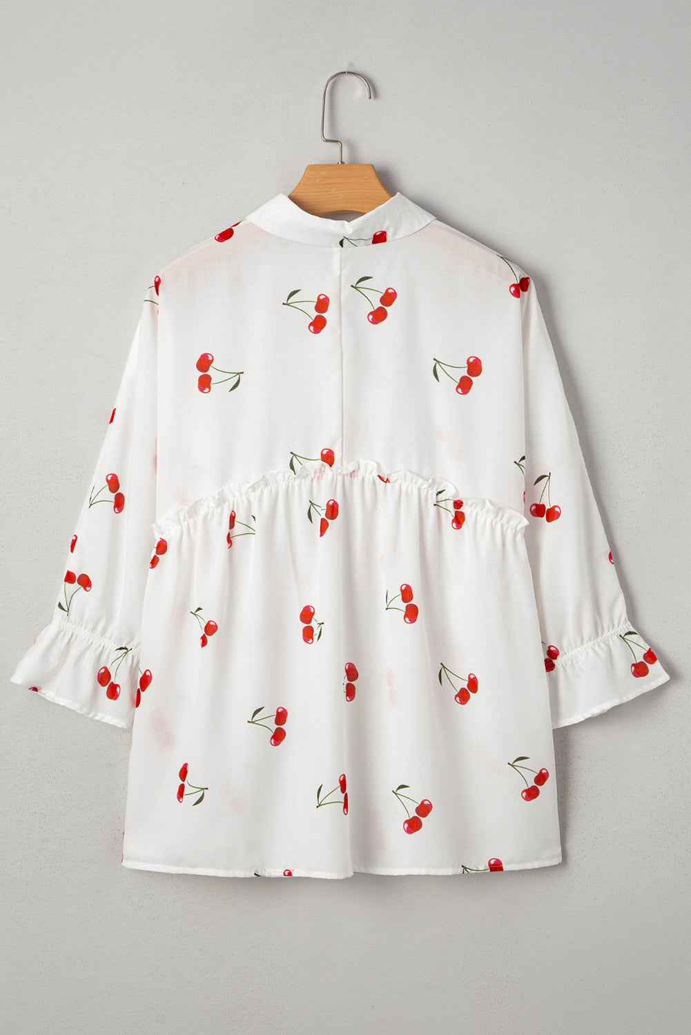 White Cherry Print Flounce Sleeve Collared Frilled Babydoll Blouse