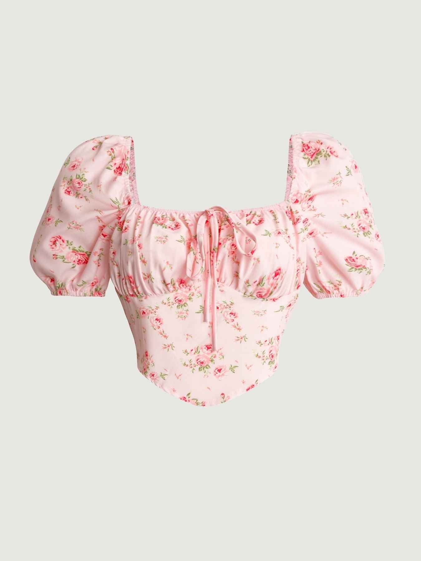 Floral Print Tie Front Puff Sleeve Blouse