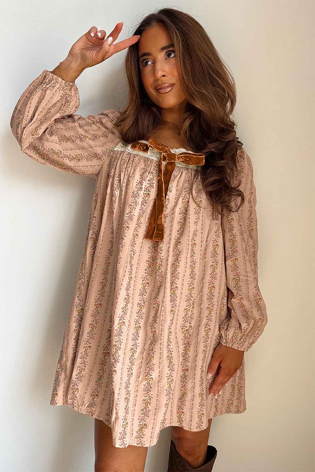 Khaki Floral Print Contrast Velvet Bow Lace Patchwork Long Sleeve Loose Mini Dress