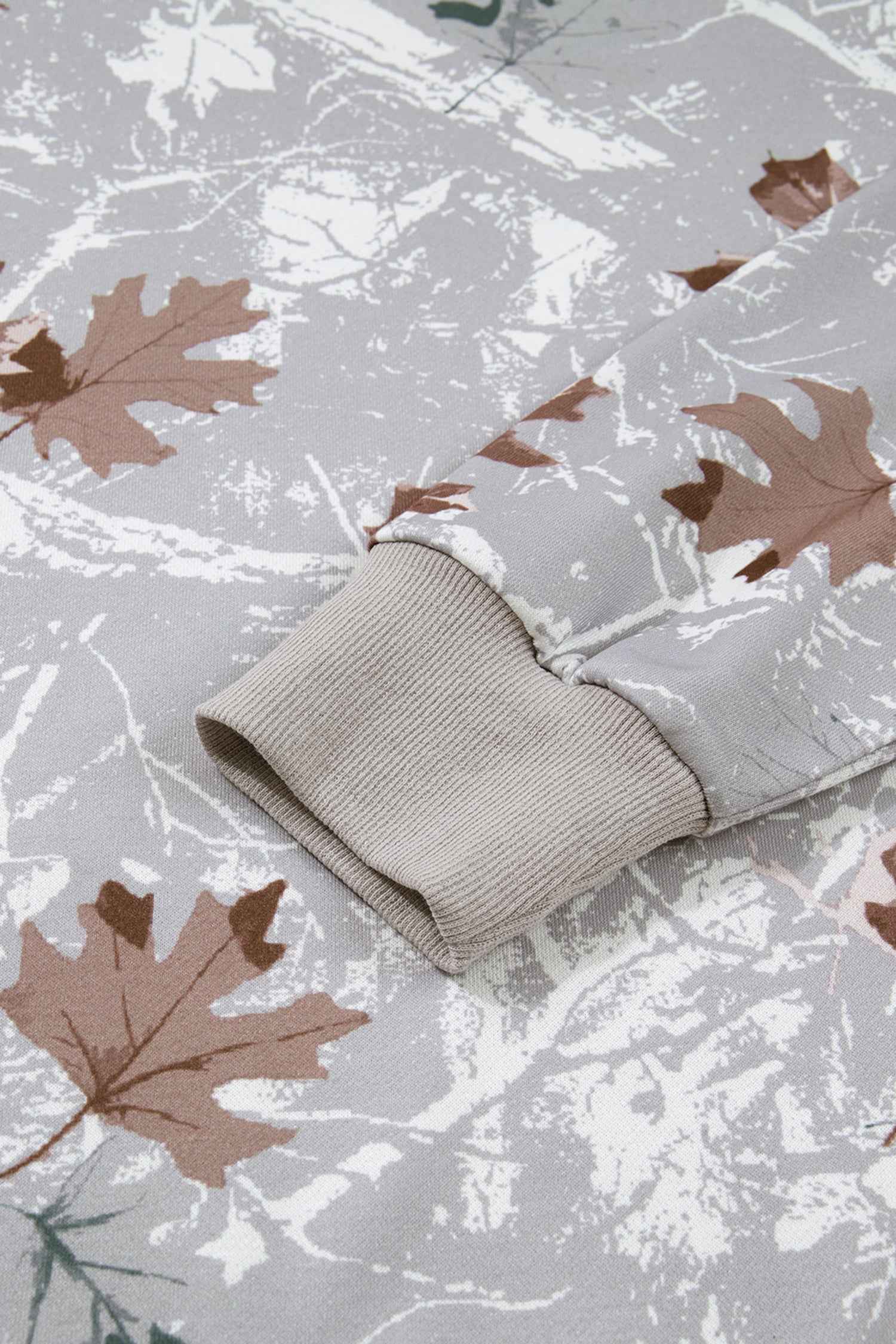 Gray Maple Leaf Camo Print Varsity Striped Sleeve Casual Sweatshirt
