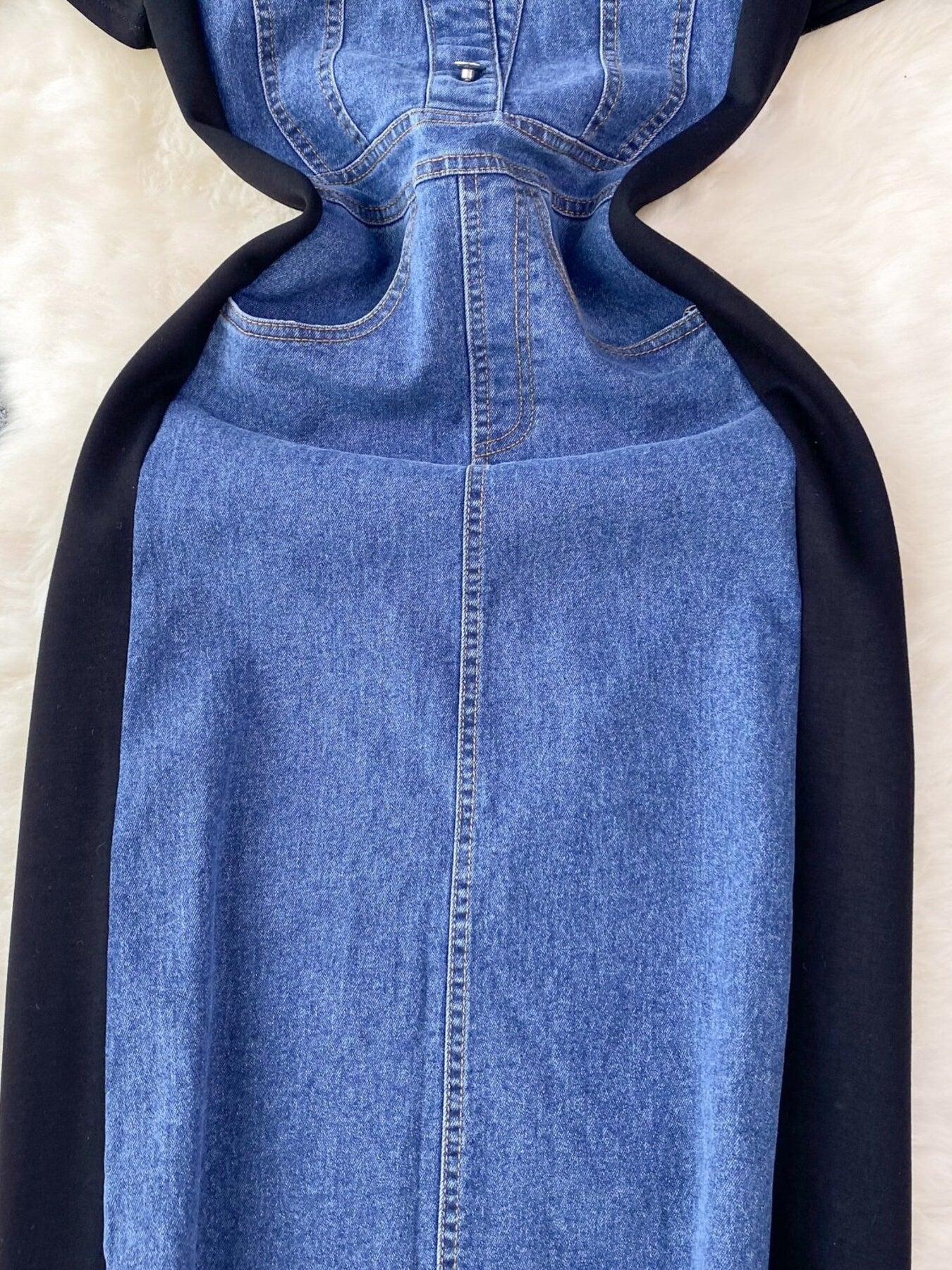 Full Size Denim Patchwork Short Sleeve Slit Back Dress Plus Size by Shopiebay