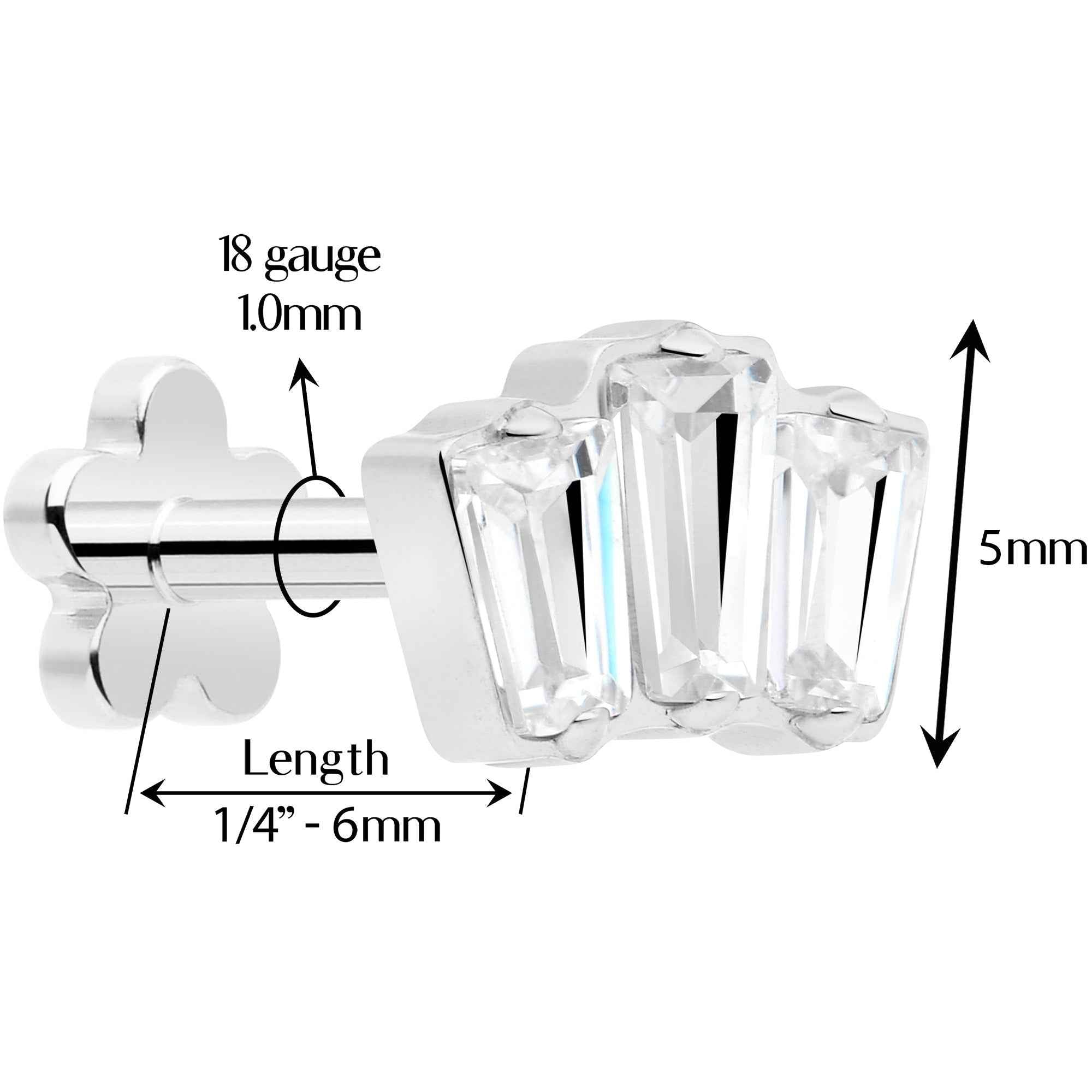 18G 1/4 Clear Gem Implant Grade Titanium Threadless Flower Reversible Flat Back Earring by BodyCandy