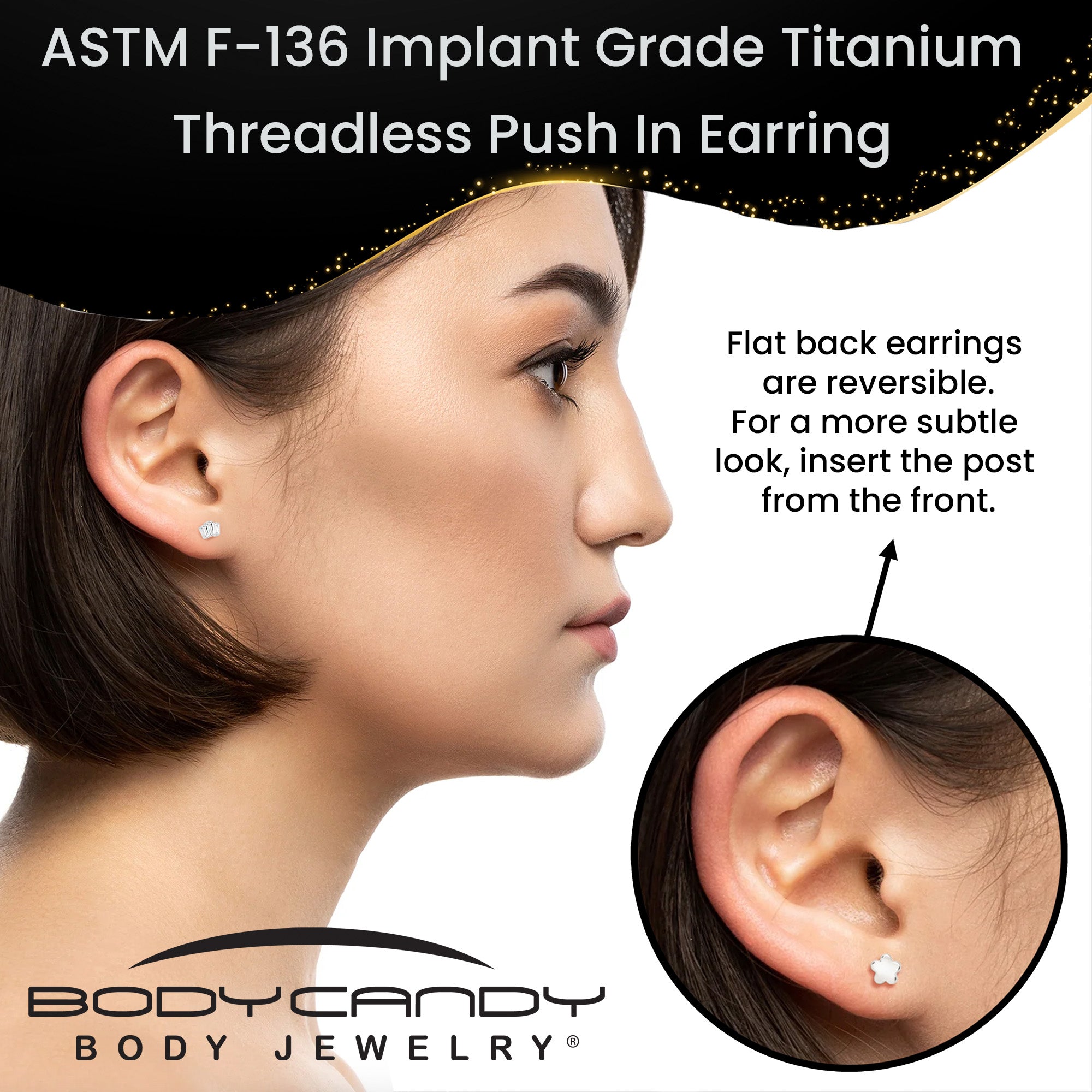 18G 1/4 Clear Gem Implant Grade Titanium Threadless Flower Reversible Flat Back Earring by BodyCandy