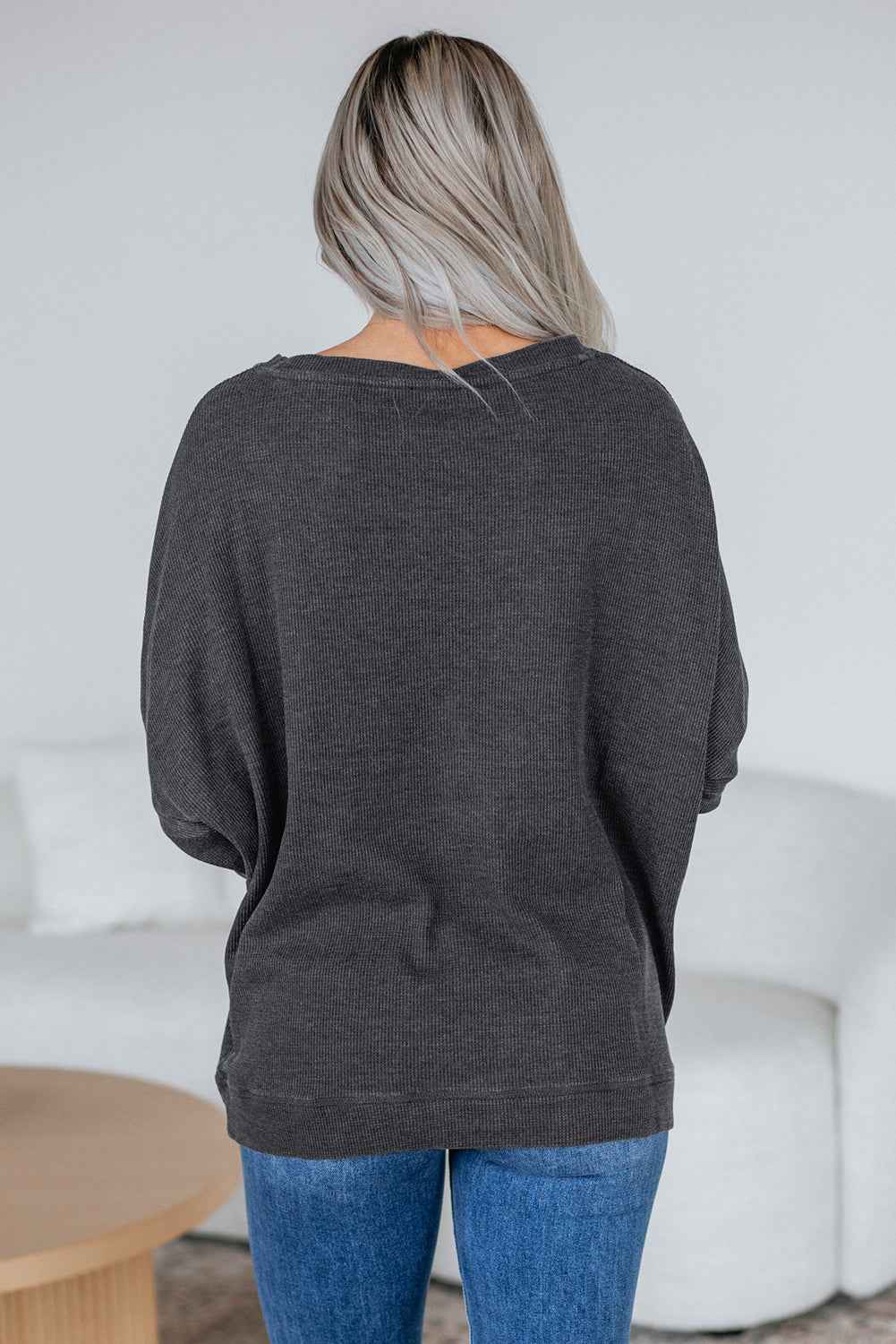 Dark Grey Waffle Knit Patchwork Long Sleeve Loose Top