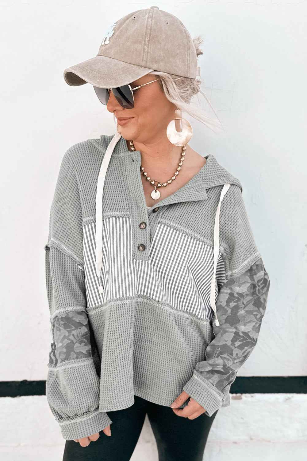 White Waffle Printed Patchwork Drawstring Hooded Long Sleeve Top