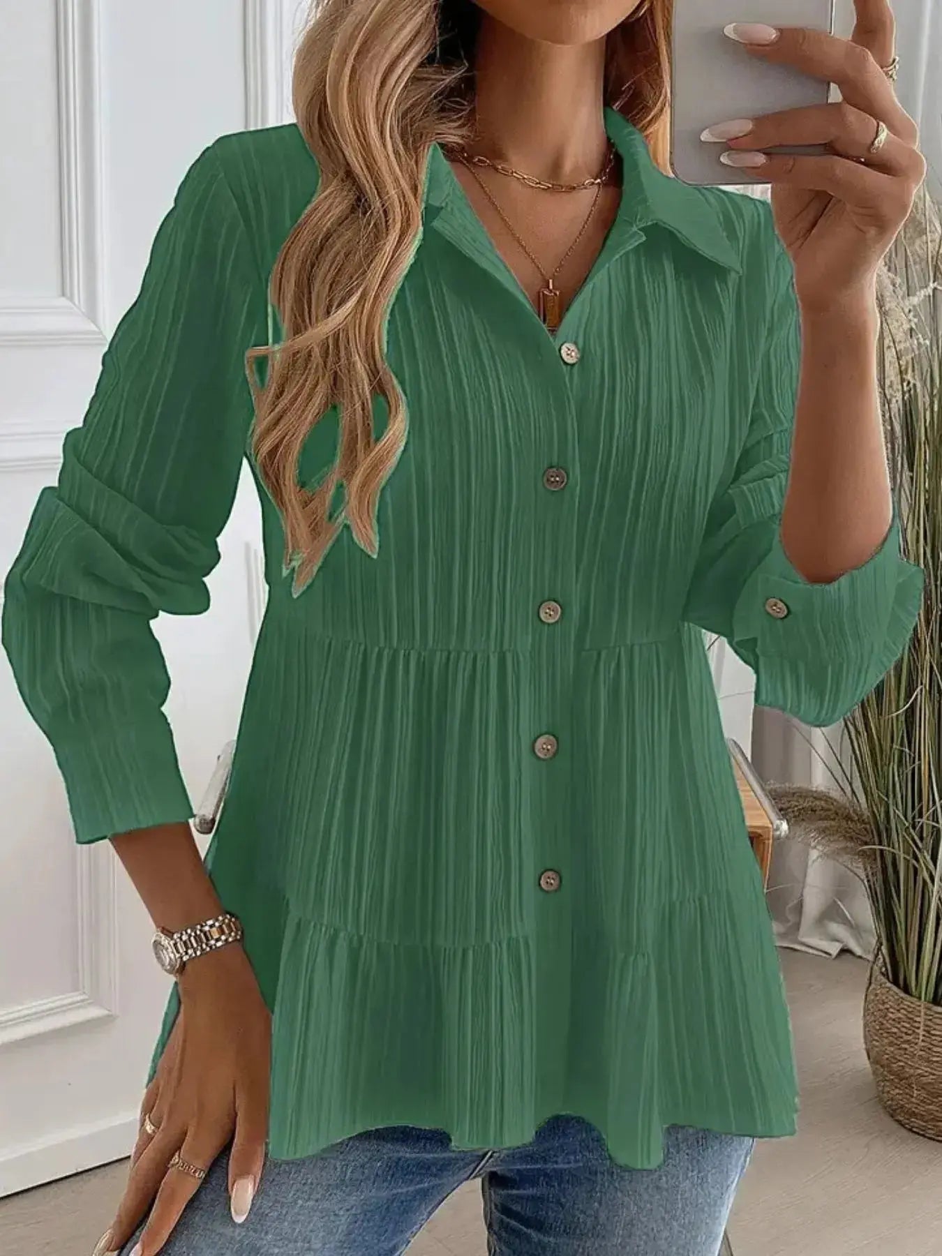 Striped Tiered  Button Down Shirt