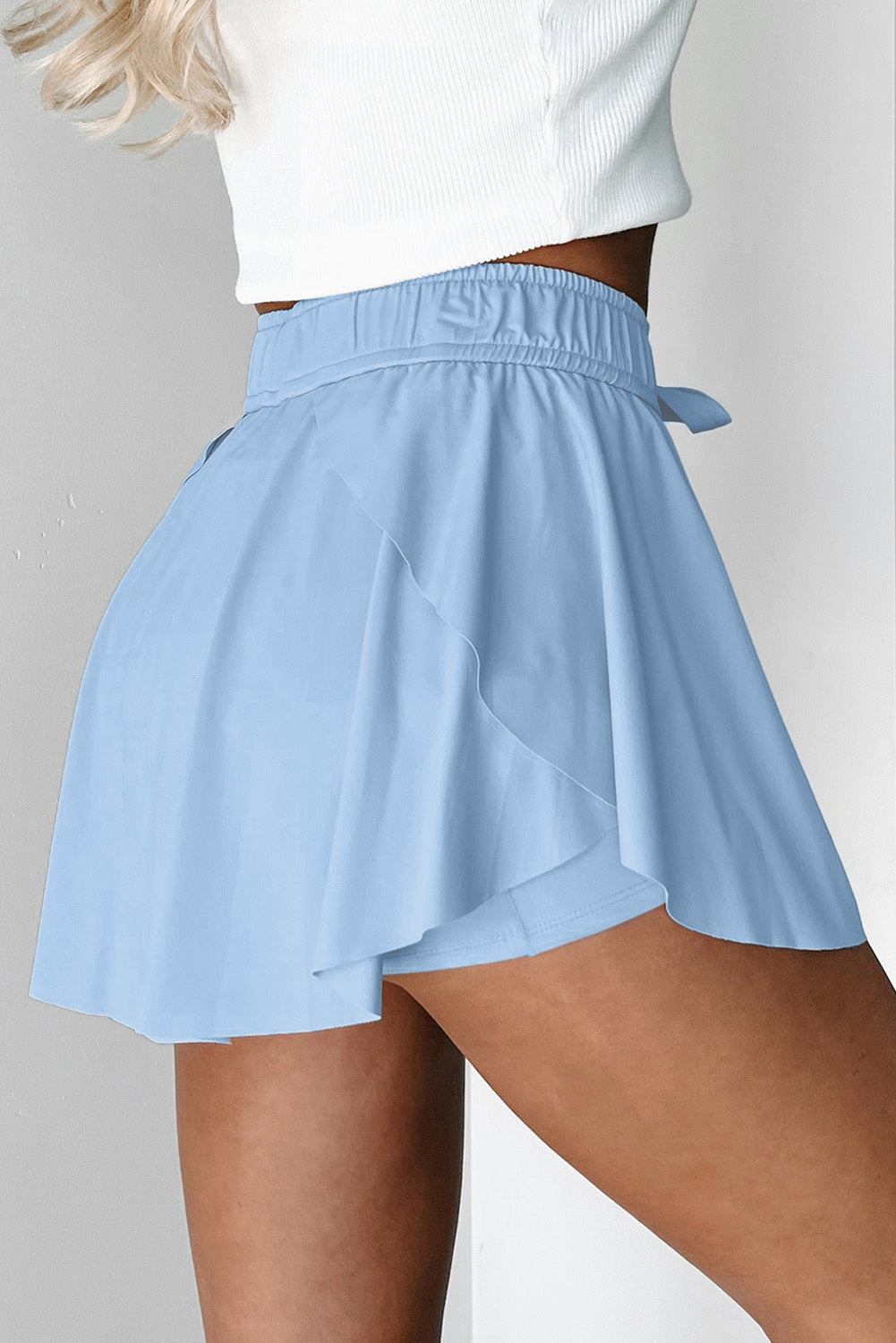 Sky Blue Drawstring High Waist Lined Tennis Skort