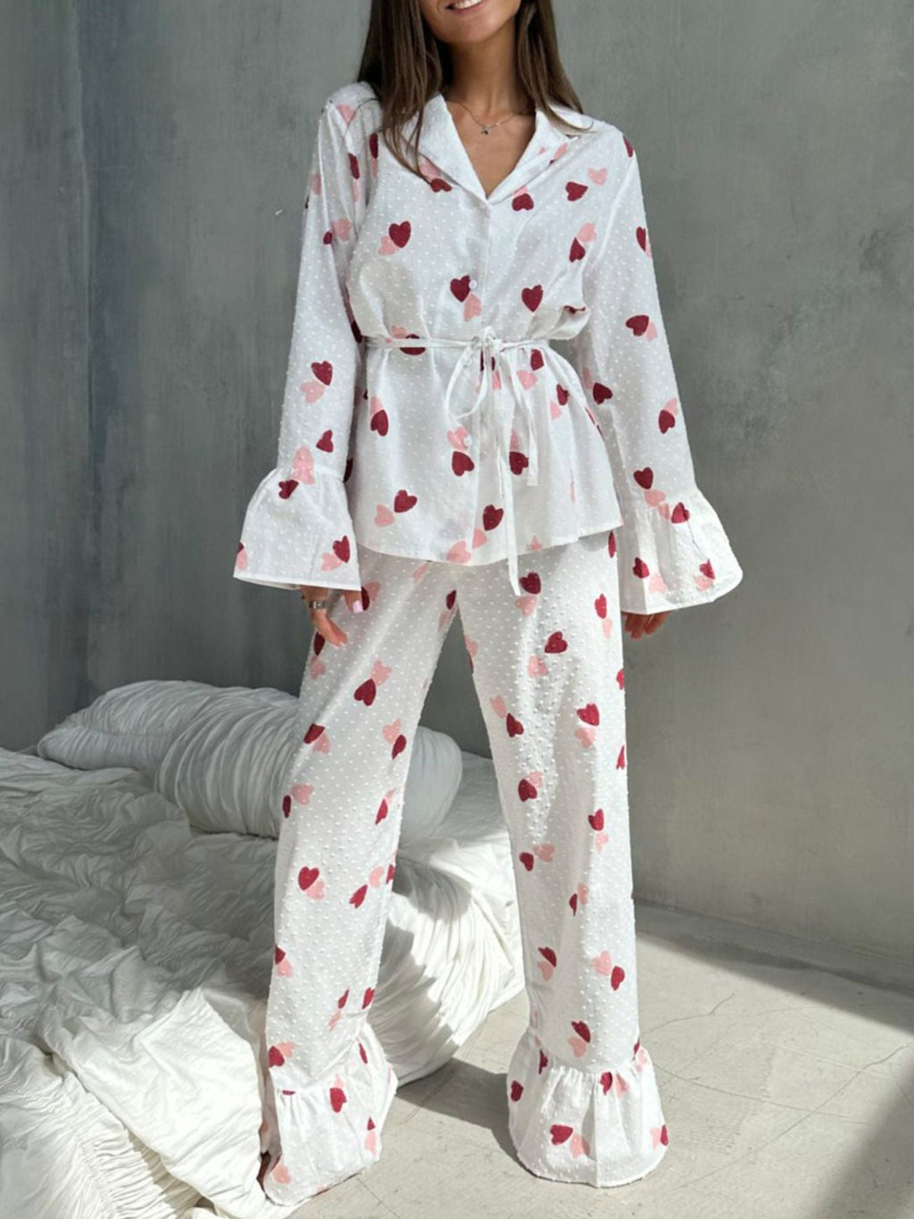 Heart Print Ruffle Trim Button-Up Cotton Lounge Set