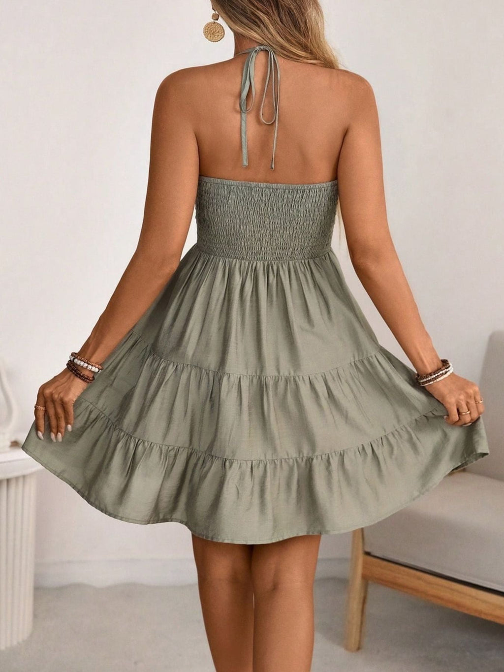 Smocked Halter Neck Tiered Dress by Shopiebay