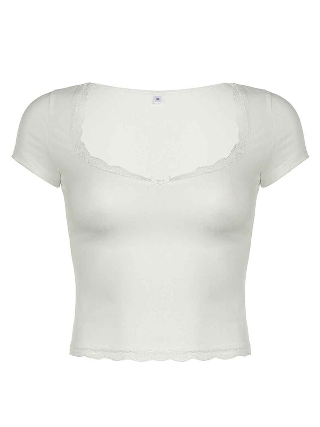 Lace Detail Sweetheart Neck Short Sleeve T-Shirt