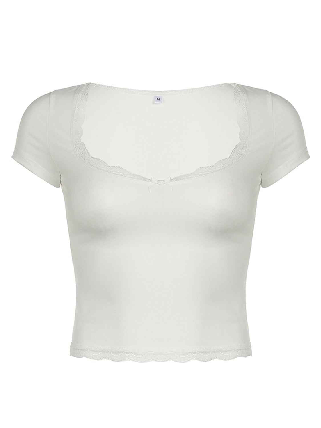 Lace Detail Sweetheart Neck Short Sleeve T-Shirt
