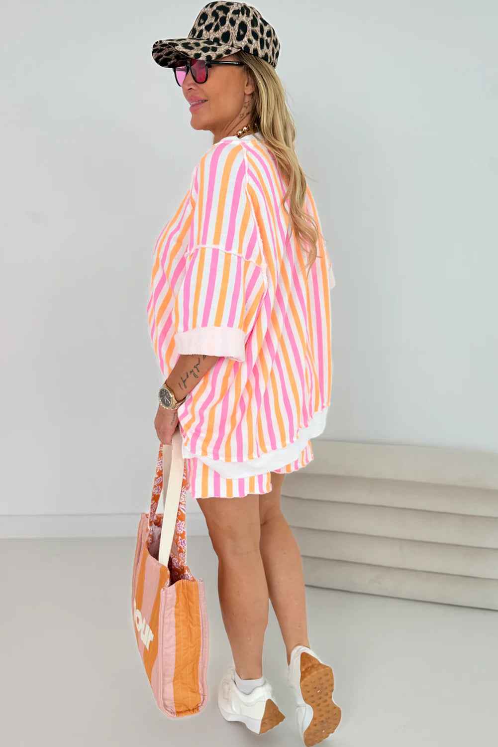 Pink Stripe Drop Shoulder Half Sleeve Loose Tee and Shorts Casual Set