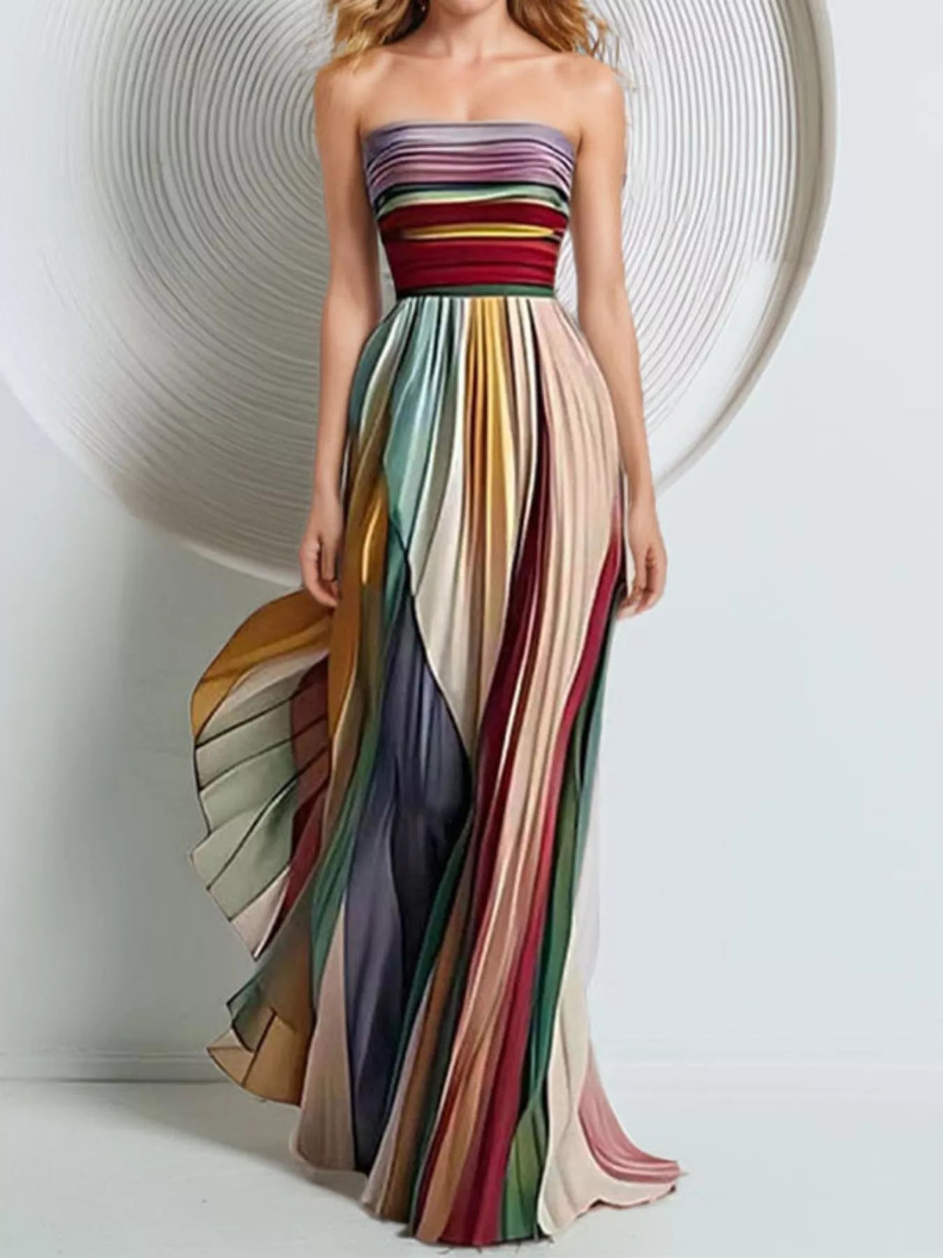 Striped Pleated Tube Maxi Dress by Shopiebay