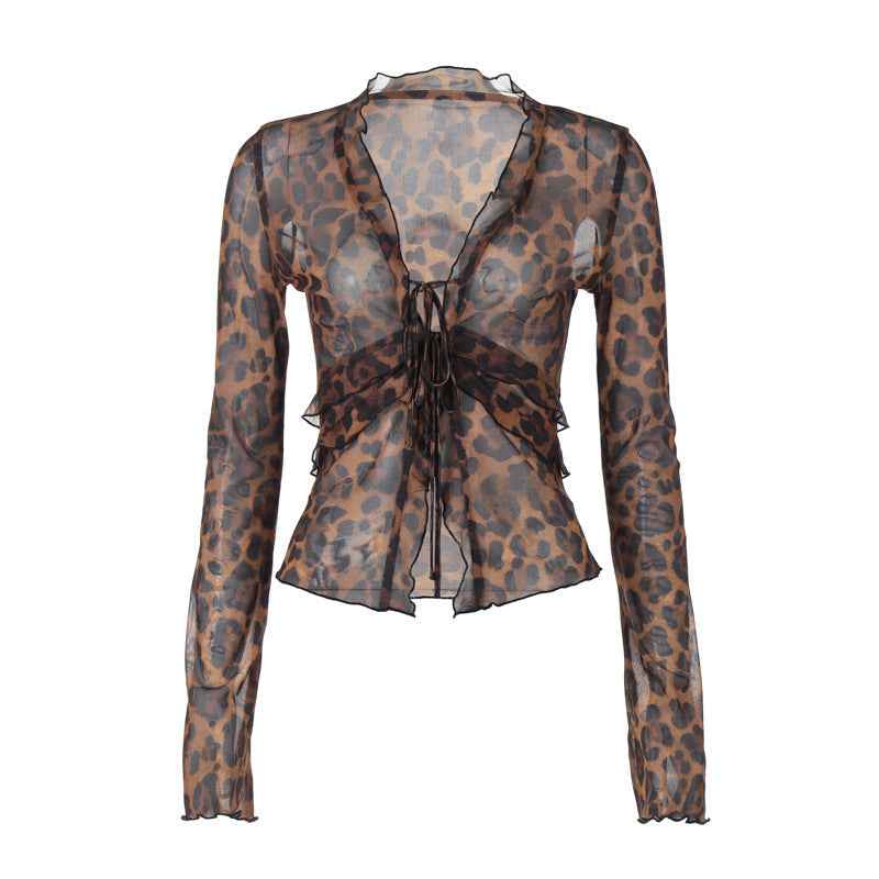 European And American Fashion Sexy Mesh See-through Cardigan Lace-up T-shirt