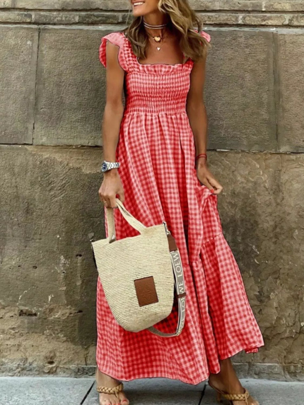 Gingham Smocked Ruffle Maxi Dress by Shopiebay