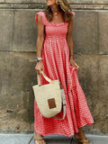 Gingham Smocked Ruffle Maxi Dress by Shopiebay