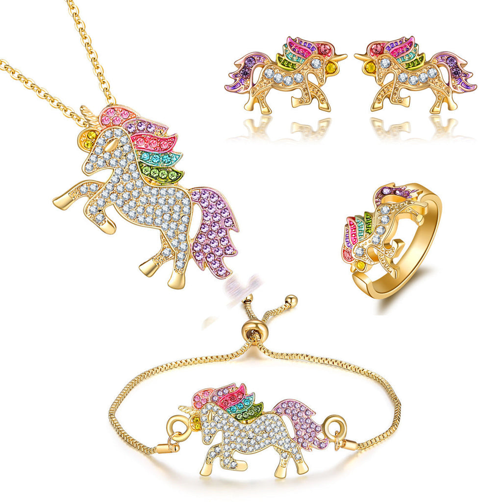 Colorful Cartoon-Themed Unicorn Earrings, Necklace, Ring & Bracelet Jewelry Set by DailySale