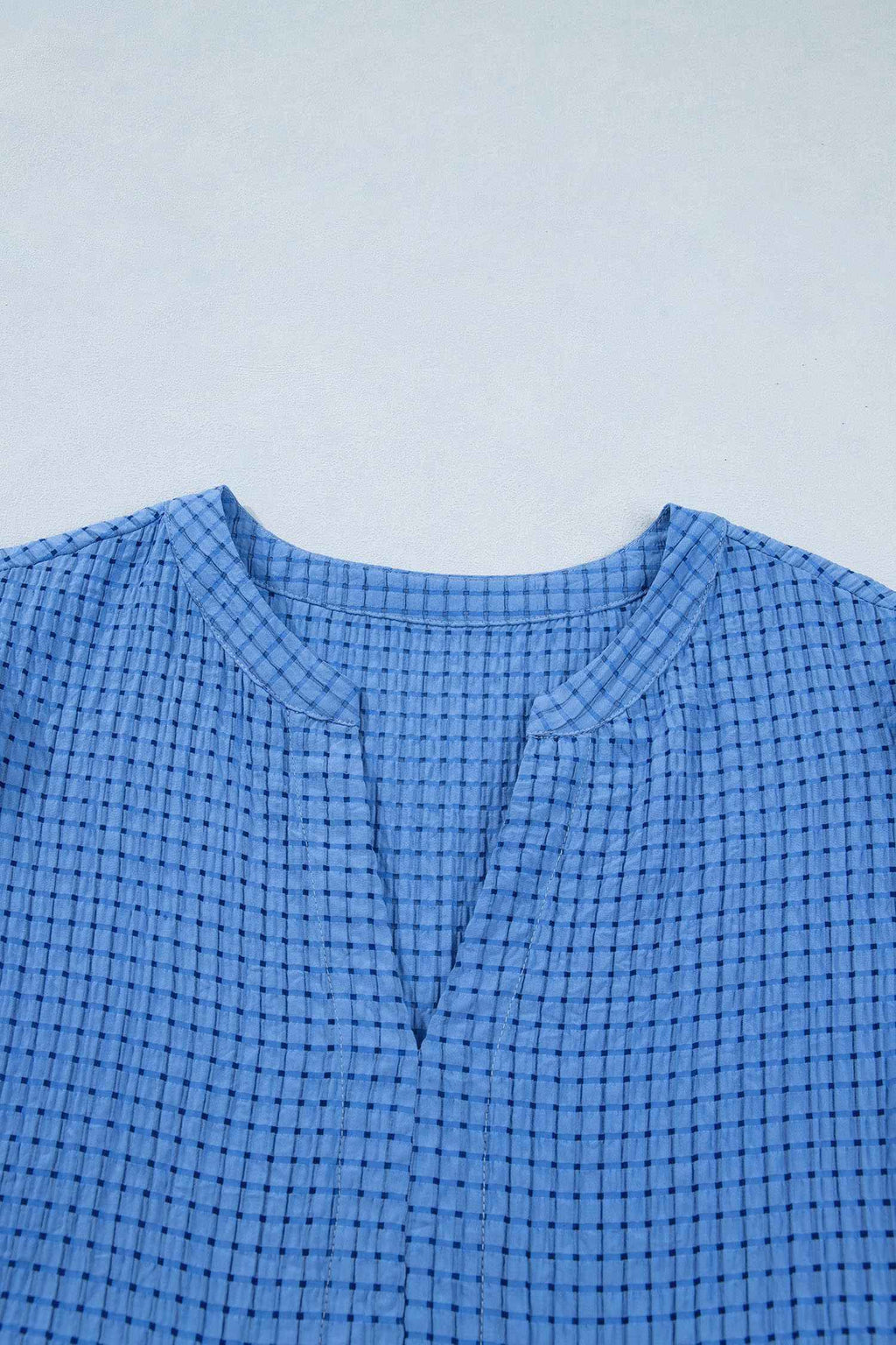 Dusk Blue Gingham Textured Bow Tie Short Sleeve Tiered Midi Dress
