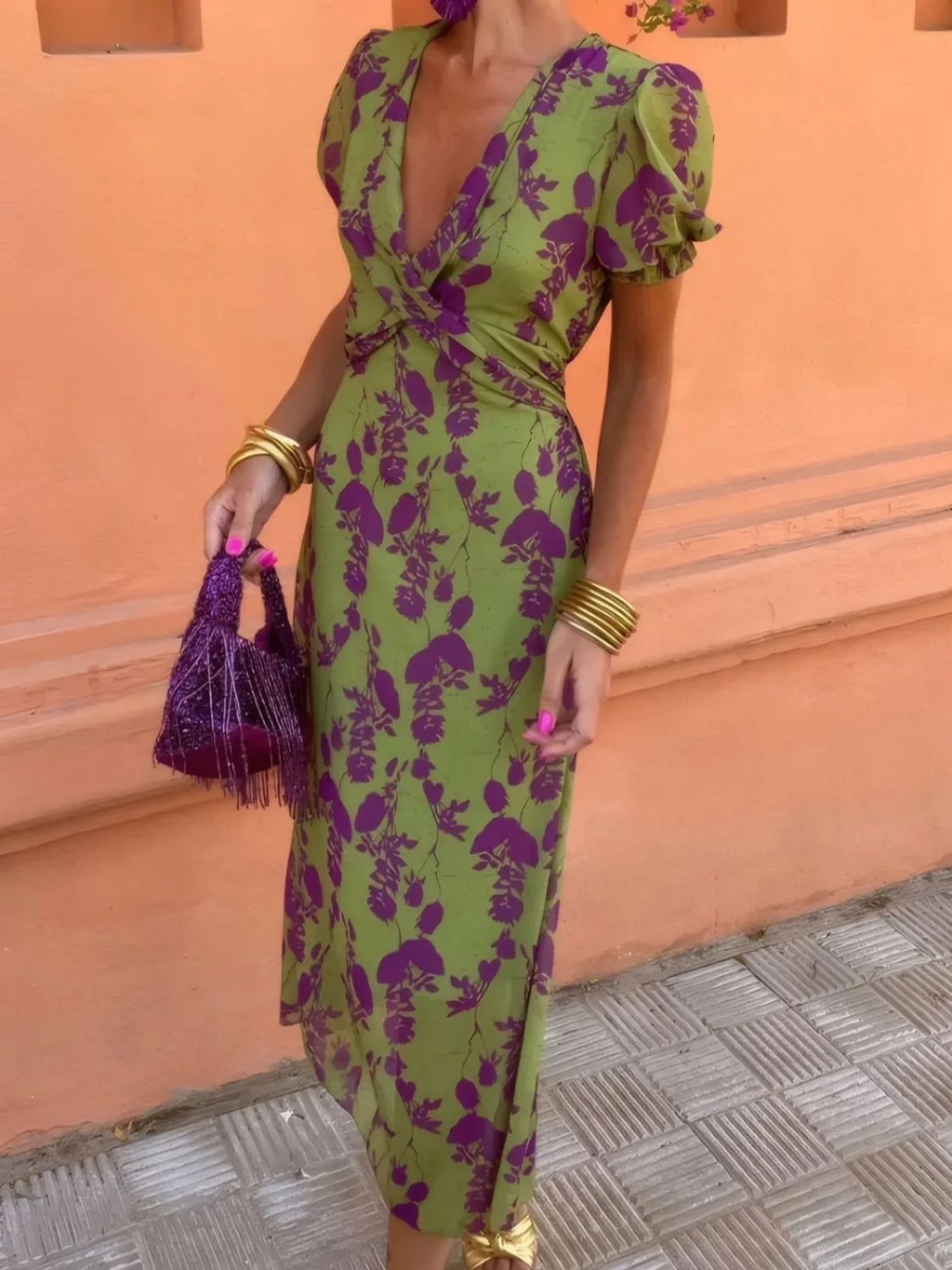 Printed Plunge Short Sleeve Midi Dress by Shopiebay