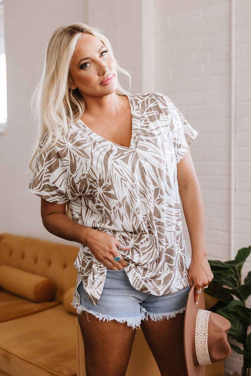 Khaki Floral Print V Neck Short Sleeve Loose Fit Blouse