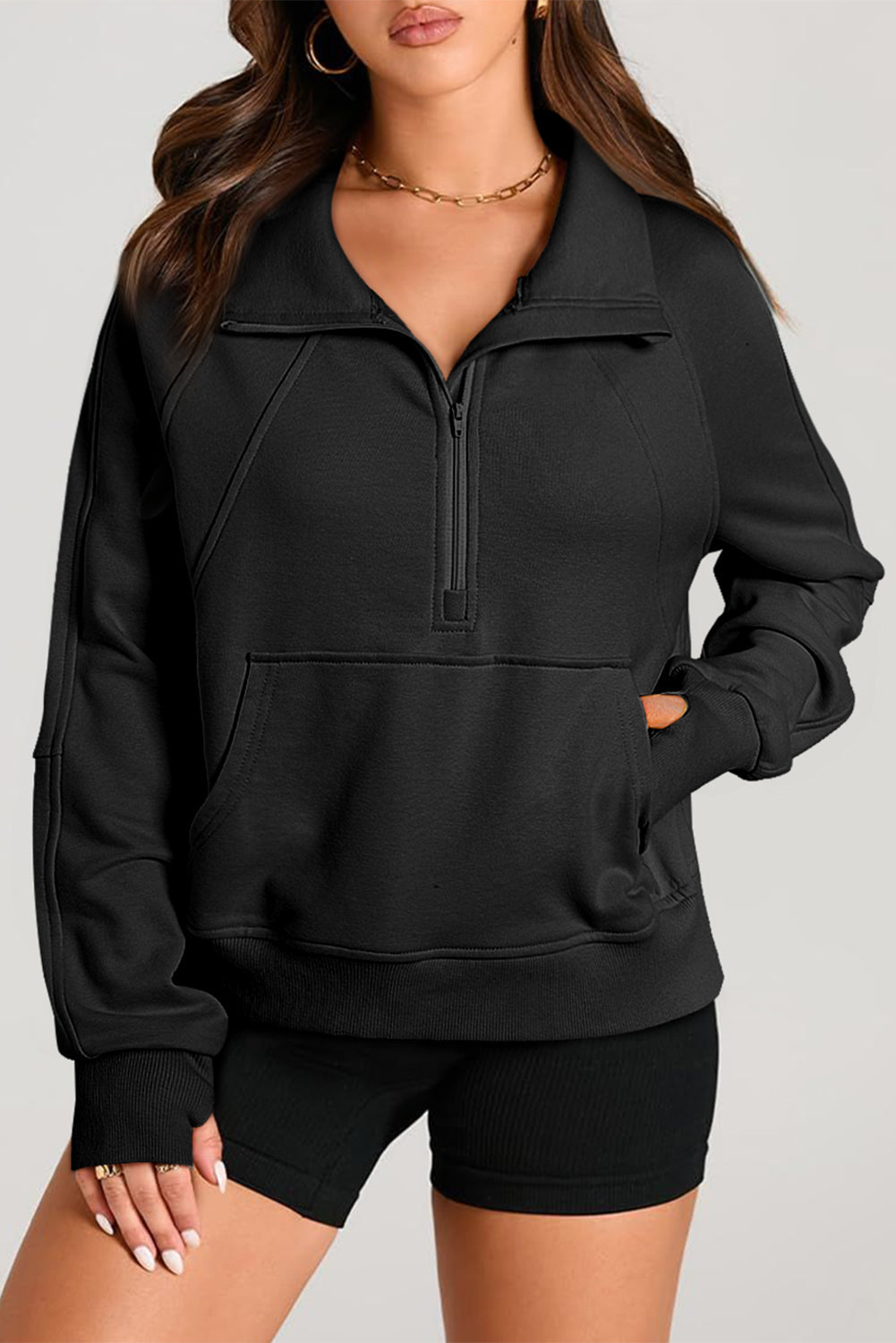 Smoke Green Quarter Zip Stand Neck Kangaroo Pocket Sweatshirt