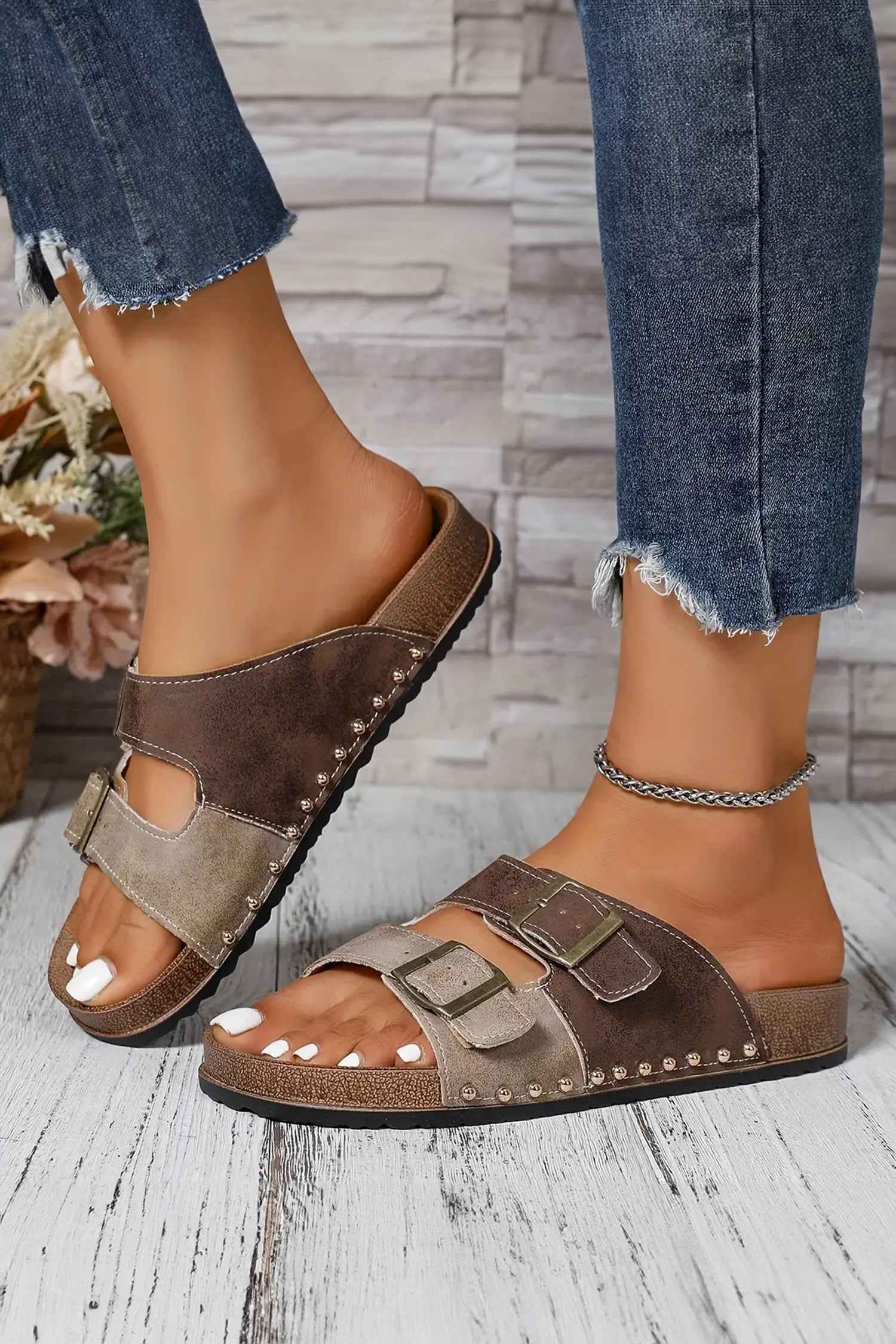 Coffee Two-tone Retro Buckle Straps Hollowed Faux Suede Slippers