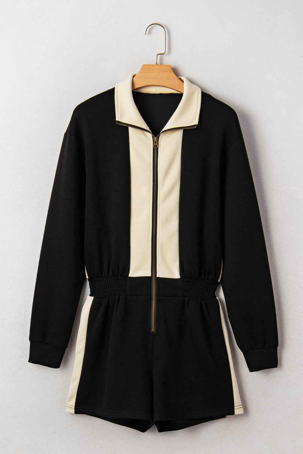 Black Two-Tone Zipper Long Sleeve Casual Romper