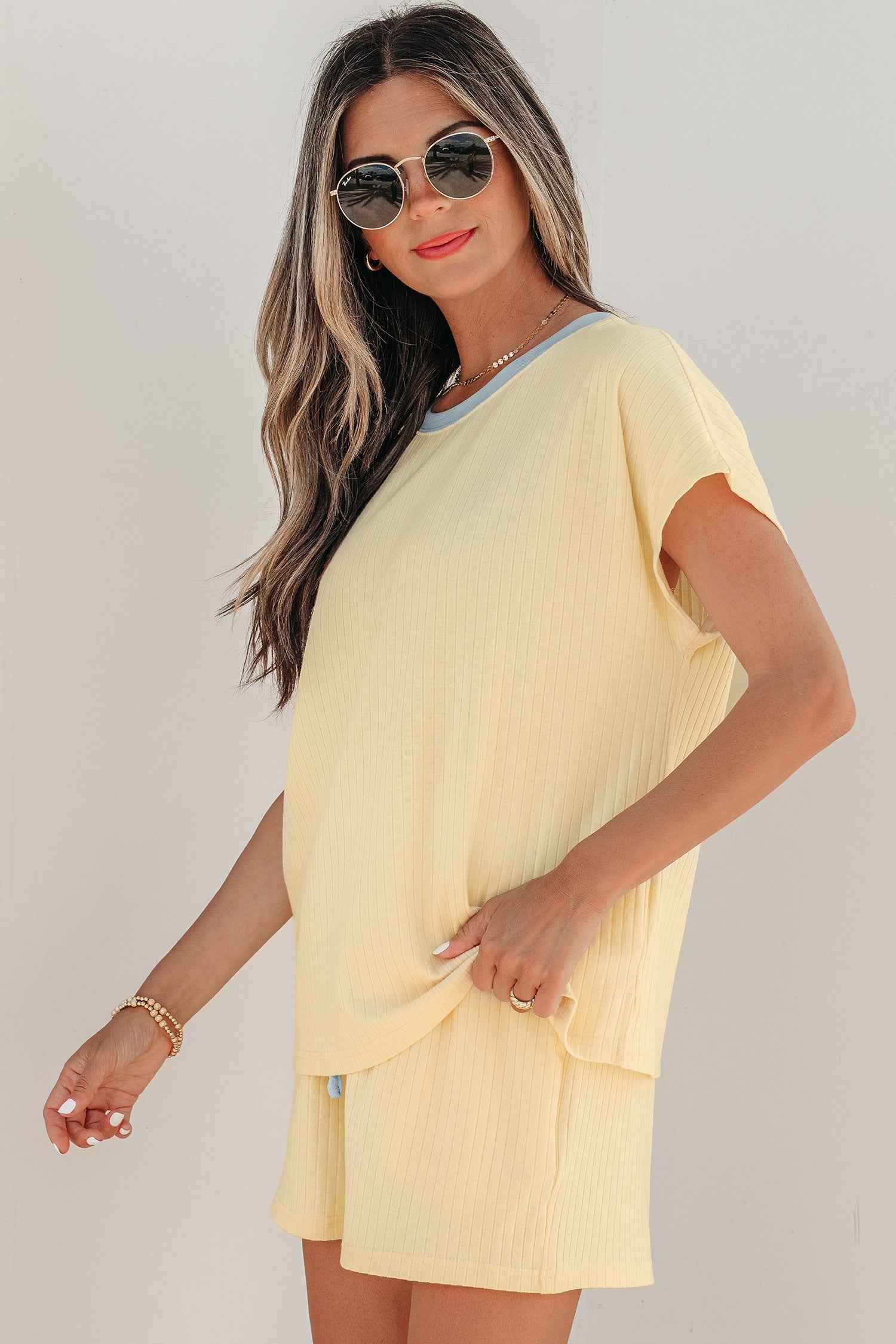 Clearly Aqua Soft Ribbed Color Block Trim Casual Short Set
