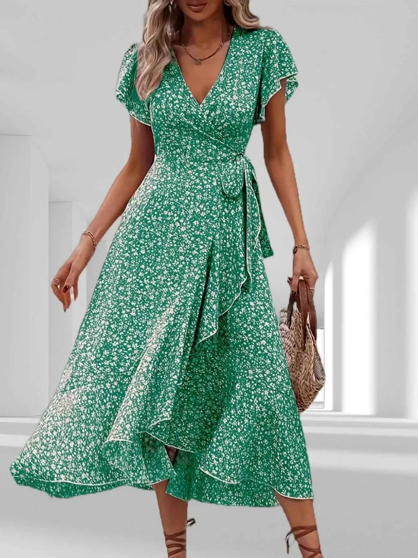 Floral Print Ruffle Hem Wrap Midi Dress