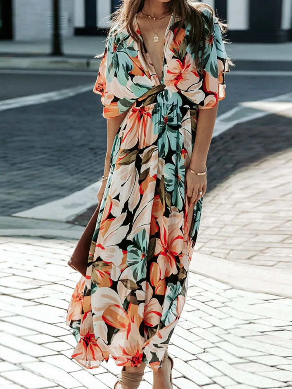 Floral Plunge Half Sleeve Dress by Shopiebay