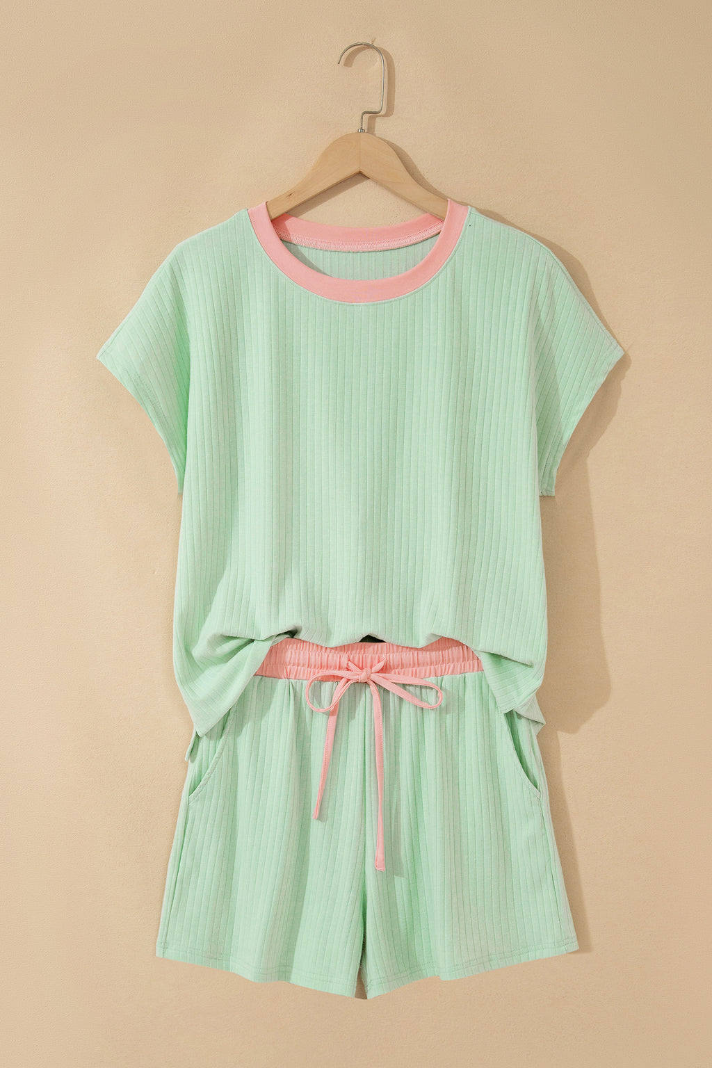 Clearly Aqua Soft Ribbed Color Block Trim Casual Short Set by Dear-Lover Dropshipping
