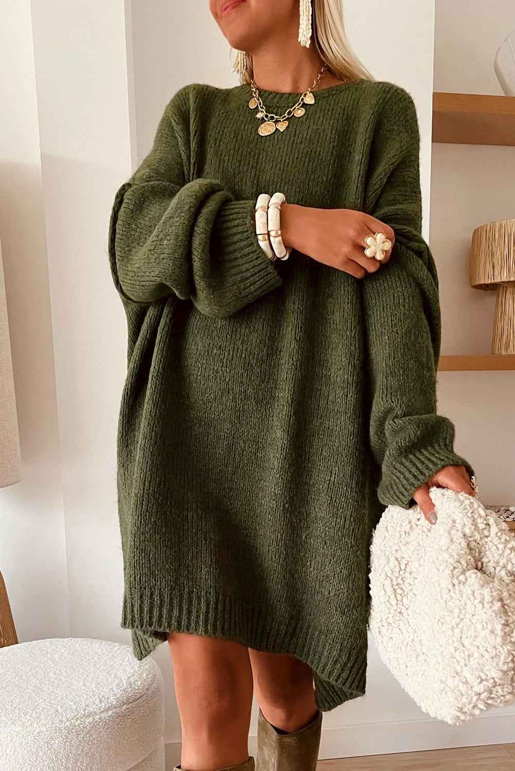 Pale Khaki Oversize Drop Shoulder Slouchy Sweater Dress